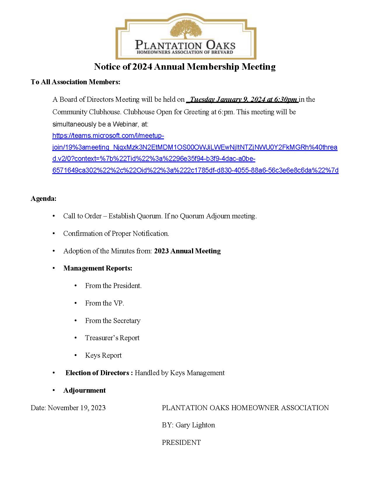 Notice of annual membership meeting agenda 1 9 24 plantation oaks